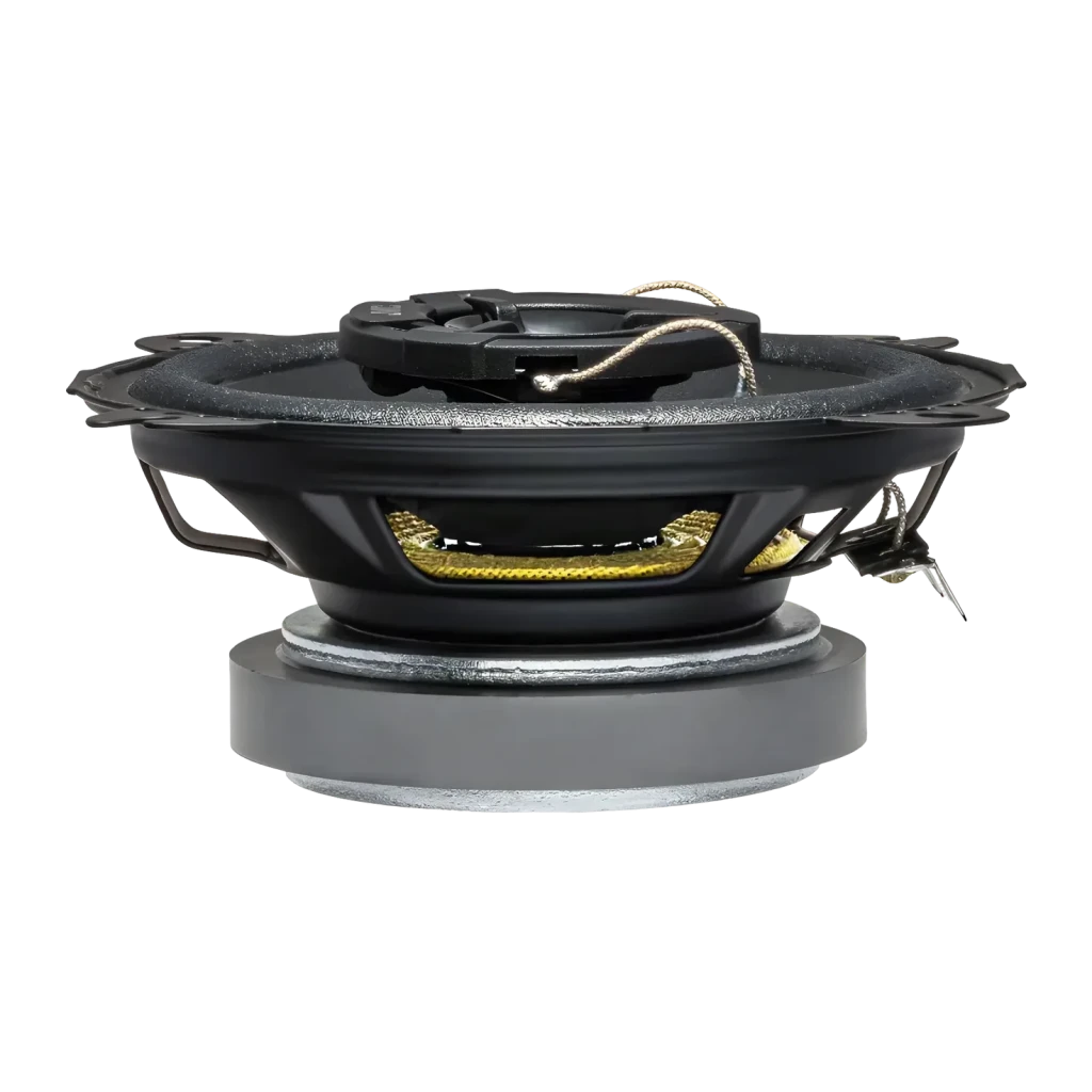 Altavoces para coche JVC 30W RMS 2 vías 10cm Negro CS-DR422, detalle lateral: bobina dorada, imán y tweeter visibles