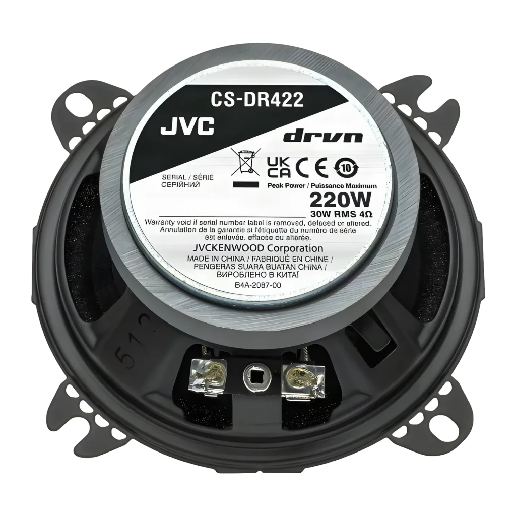 Altavoces para coche JVC 30W RMS 2 vías 10cm Negro CS-DR422, vista trasera: etiqueta con modelo, potencia 220W y terminales