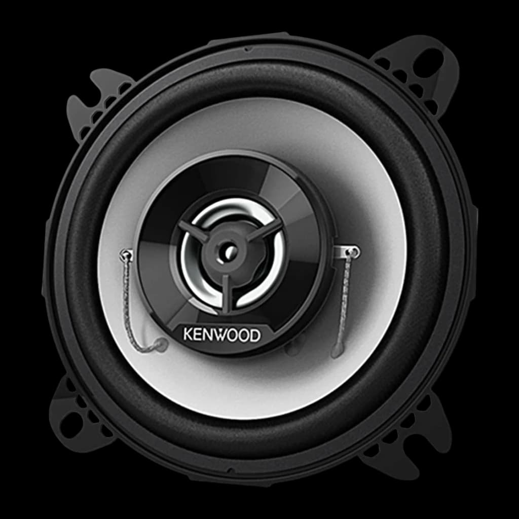 Altifalantes de carro Kenwood 21W RMS Preto KFC-S1067, detalhe frontal: cone, tweeter central e logótipo Kenwood