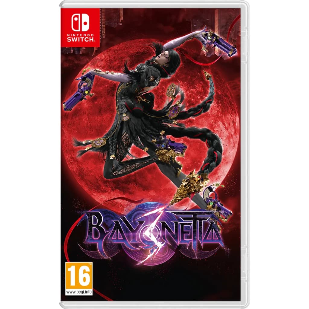 Jogo de vídeo «Bayonetta 3» da Nintendo para a Switch, versão padrão, vista frontal: capa com Bayonetta armada ante lua