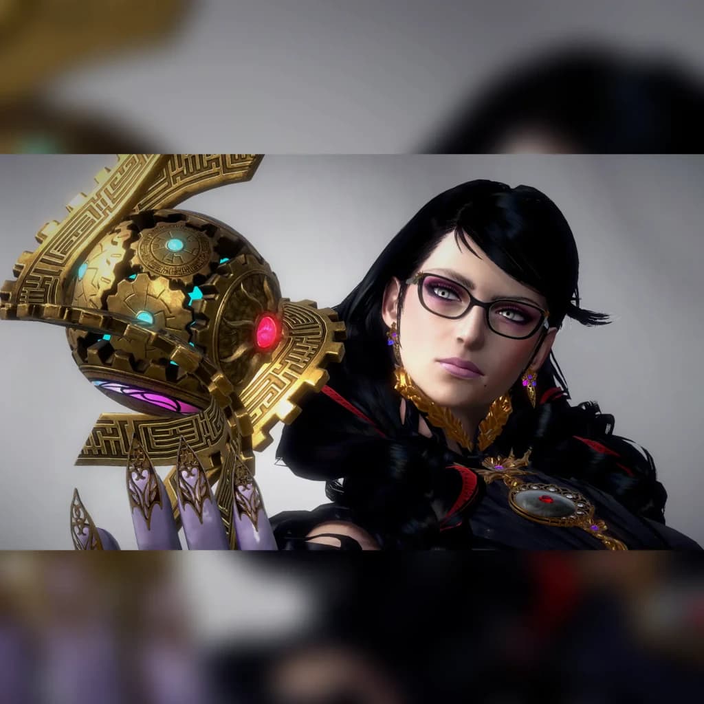 Jogo de vídeo «Bayonetta 3» da Nintendo para a Switch, versão padrão, em uso: Bayonetta de óculos com arma mecânica dourada