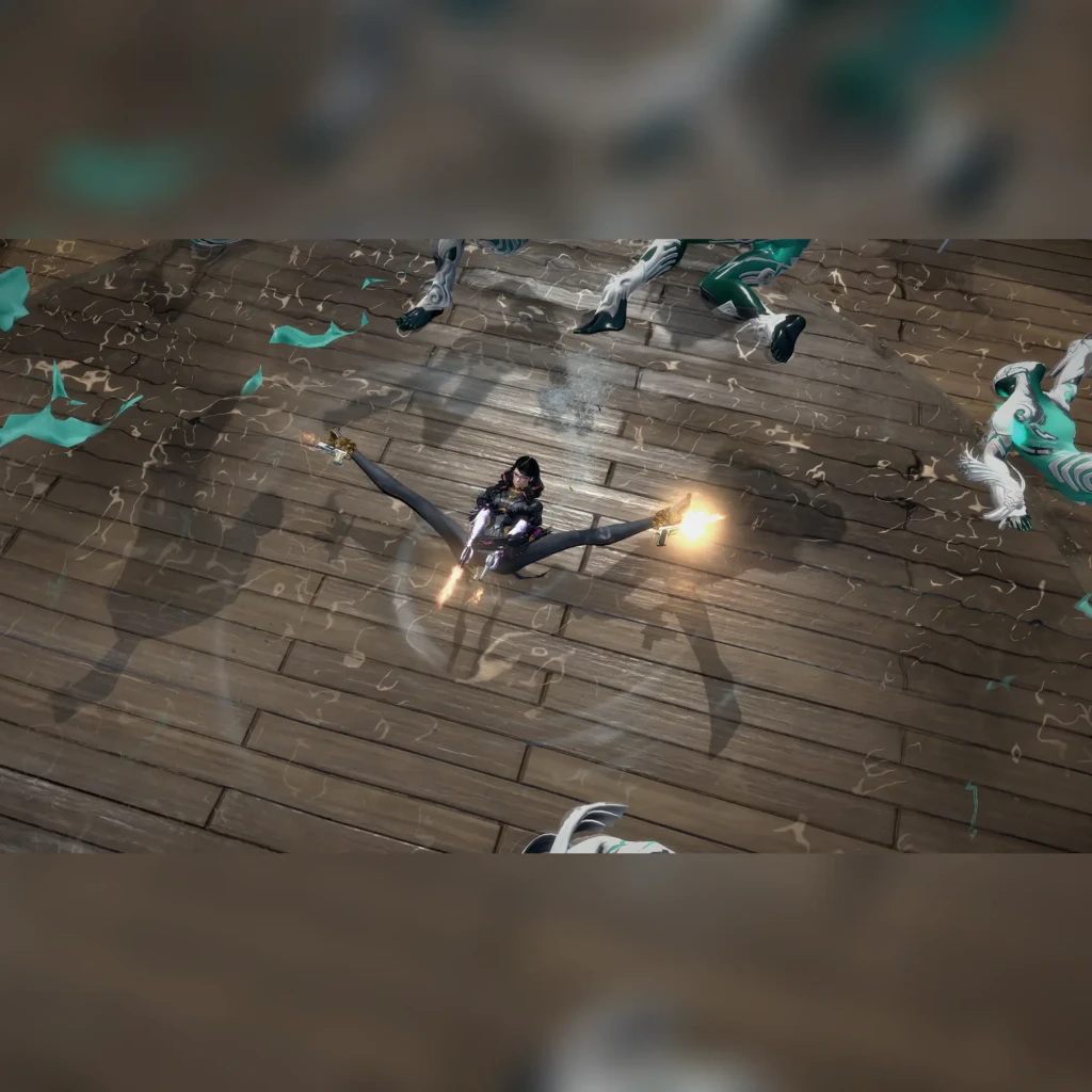 Jogo de vídeo «Bayonetta 3» da Nintendo para a Switch, versão padrão, em uso: Bayonetta a disparar no ar sobre chão