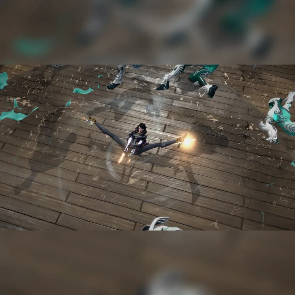 Jogo de vídeo «Bayonetta 3» da Nintendo para a Switch, versão padrão, em uso: Bayonetta a disparar no ar sobre chão
