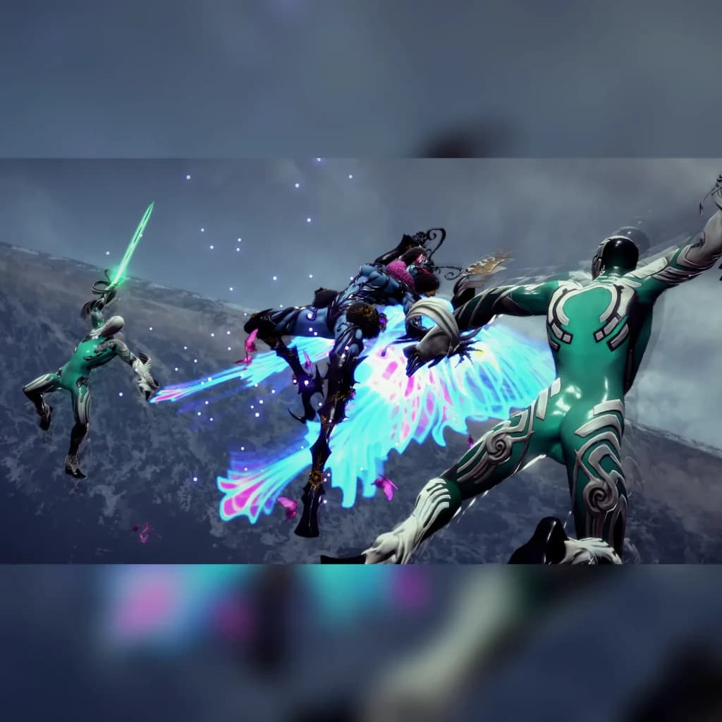 Jogo de vídeo «Bayonetta 3» da Nintendo para a Switch, versão padrão, em uso: combate aéreo com personagens neon e asas