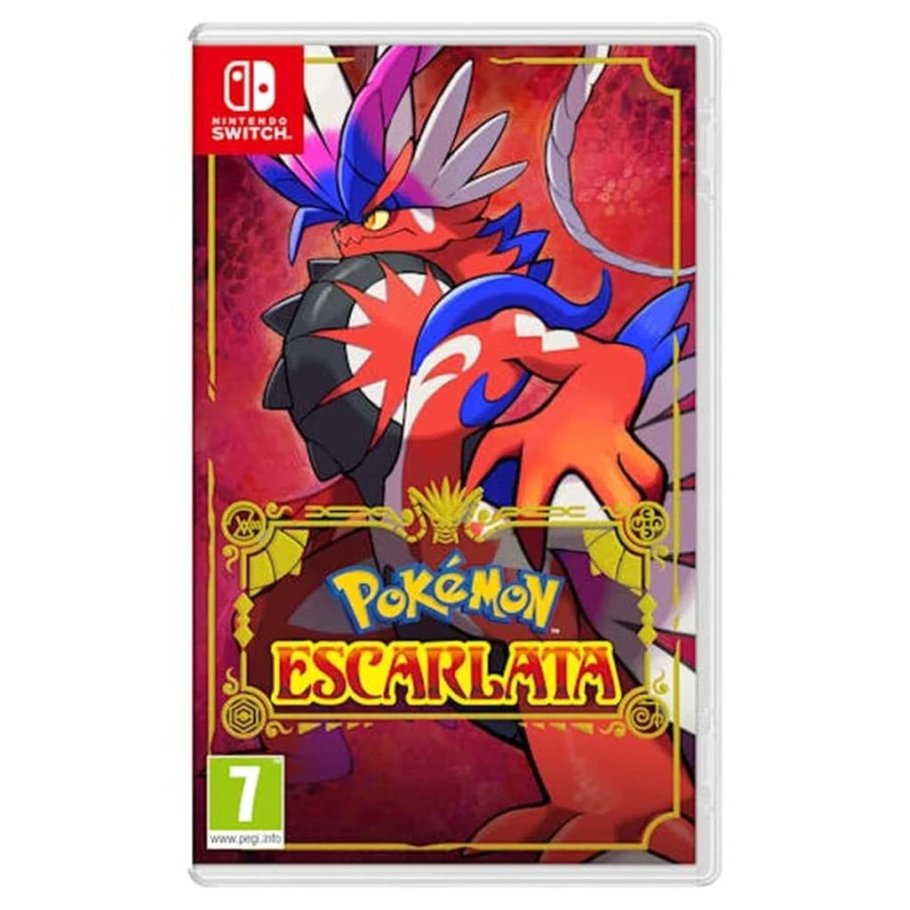 Jeu Nintendo Pokémon Écarlate pour Switch (édition standard), vue de face: pochette avec Koraidon sur fond rouge et logo doré