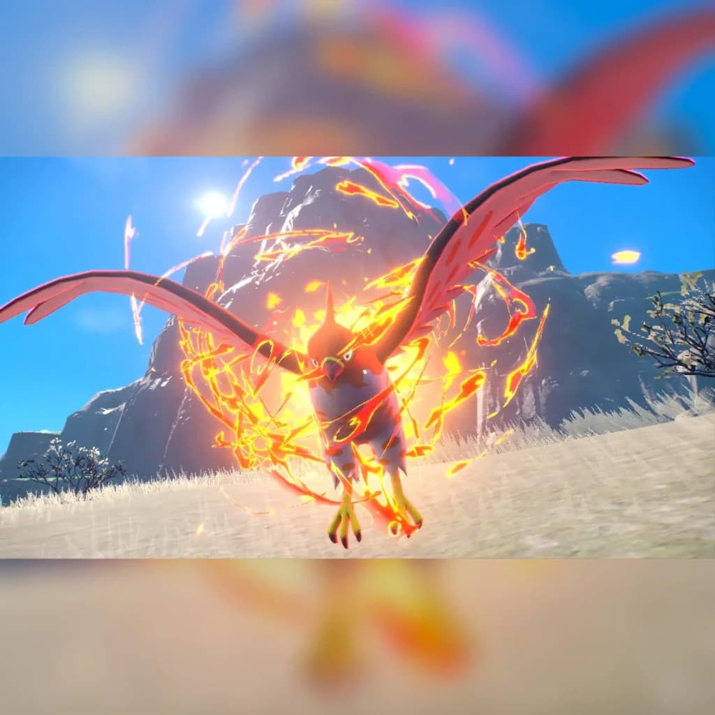 Jeu Nintendo Pokémon Écarlate pour Switch (édition standard), en jeu: Électhor de Paldea entouré de flammes sur prairie