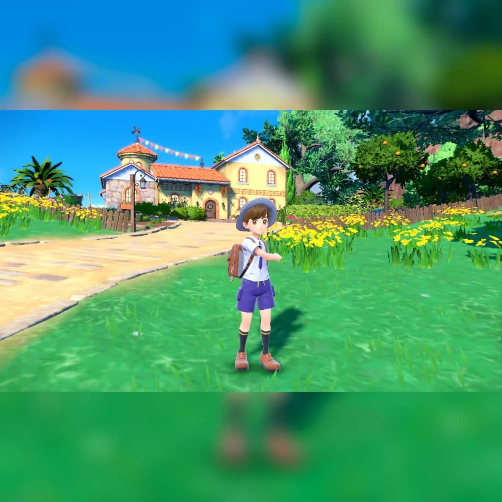 Jeu Nintendo Pokémon Écarlate pour Switch (édition standard), en cours d'utilisation: protagoniste dans village ensoleillé