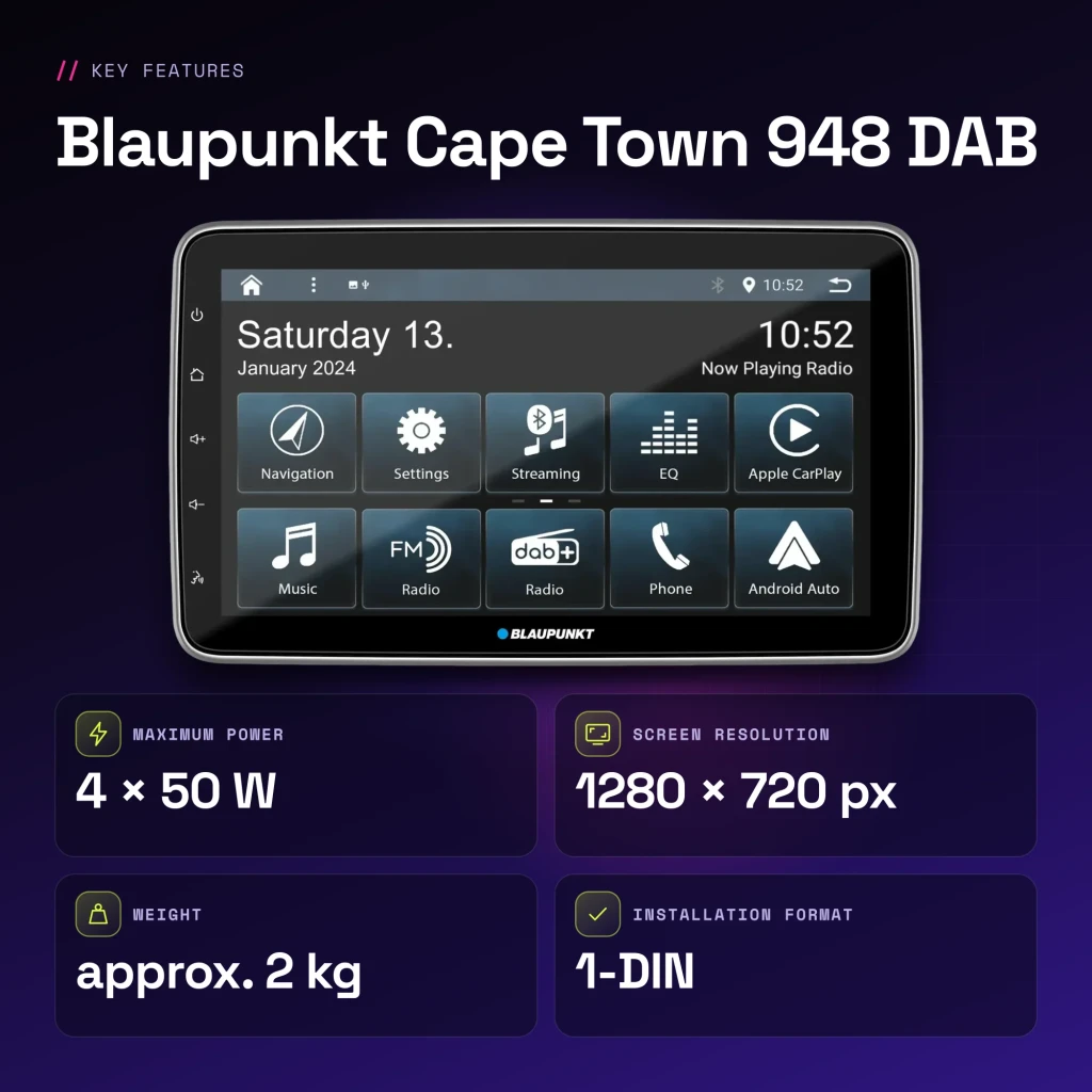Autorradio Blaupunkt Cape Town 948 DAB Negro CarPlay Android Auto Inalámbrico 10,1 pulgadas - características