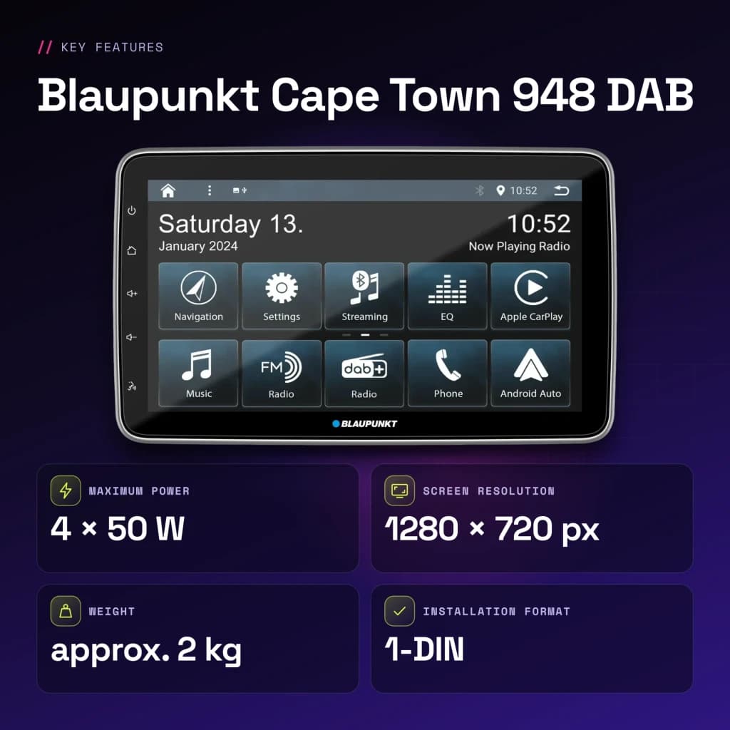Autorradio Blaupunkt Cape Town 948 DAB Negro CarPlay Android Auto Inalámbrico 10,1 pulgadas - características