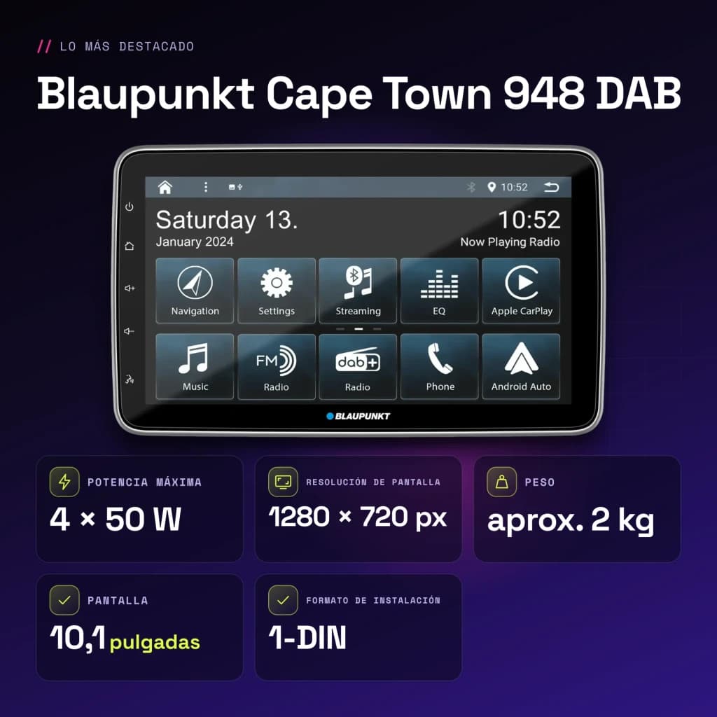 Autorradio Blaupunkt Cape Town 948 DAB Negro CarPlay Android Auto Inalámbrico 10,1 pulgadas - características