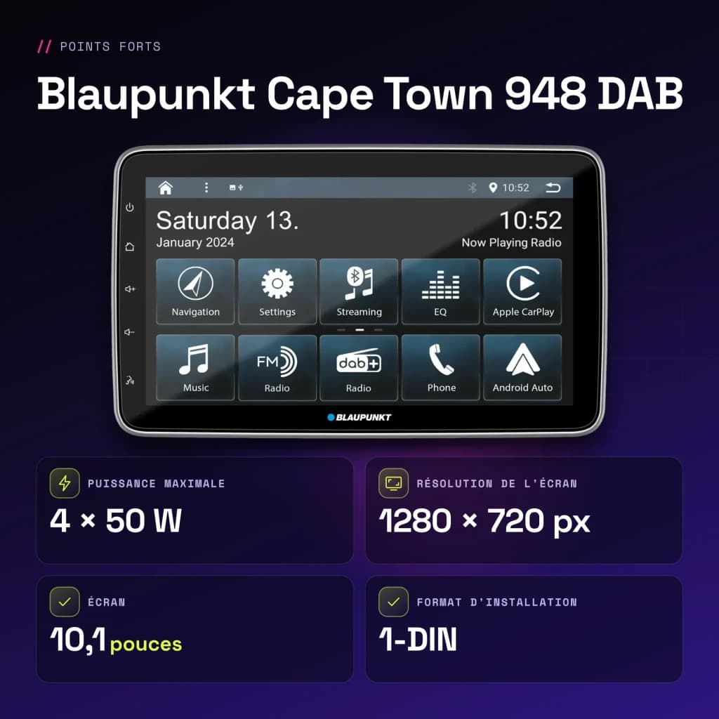 Autorradio Blaupunkt Cape Town 948 DAB Negro CarPlay Android Auto Inalámbrico 10,1 pulgadas - características