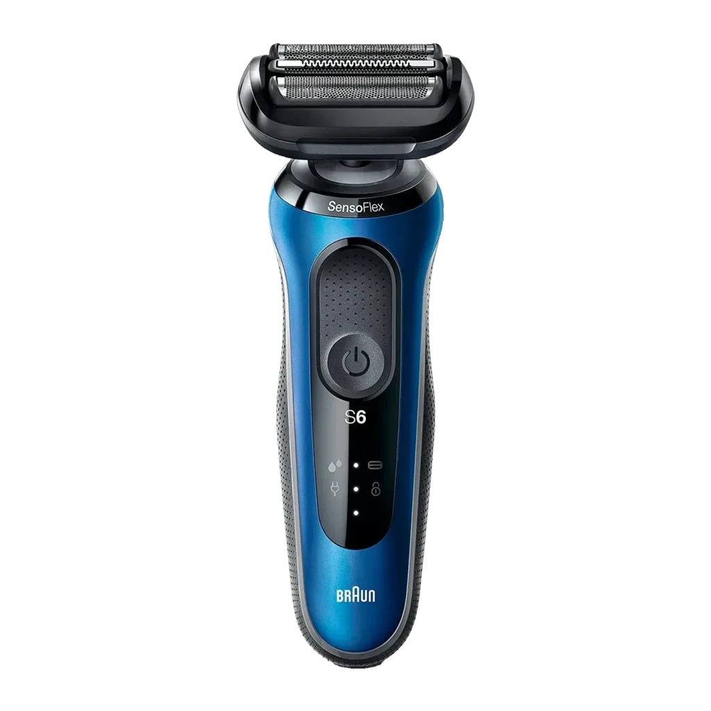 Rasoir Braun Series 6 Charge Rapide 5min Sec et Humide Bleu 62-B1200s, vue de face: tête SensoFlex, corps bleu métallique
