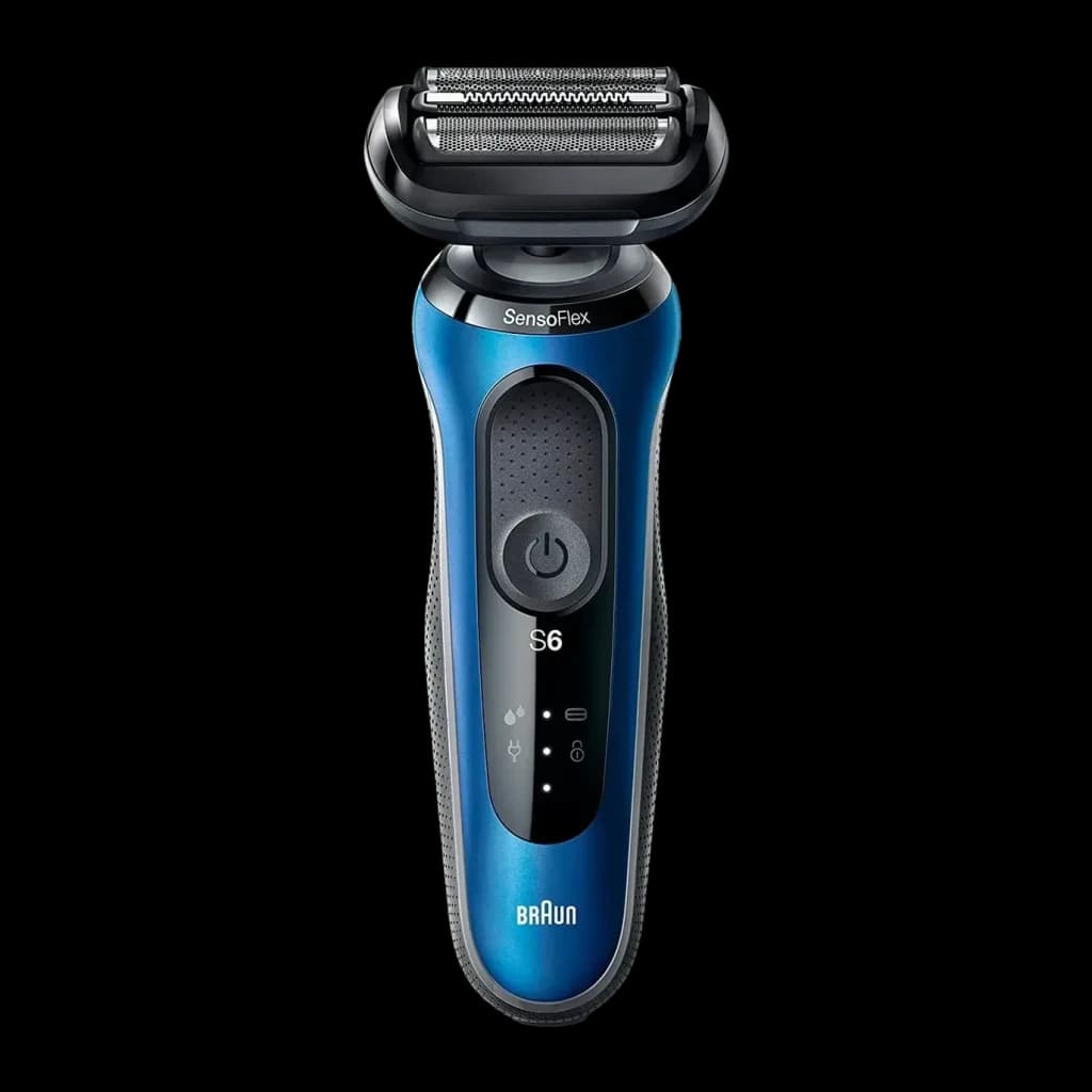 Rasoir Braun Series 6 Charge Rapide 5min Sec et Humide Bleu 62-B1200s, vue de face: tête SensoFlex, corps bleu métallique