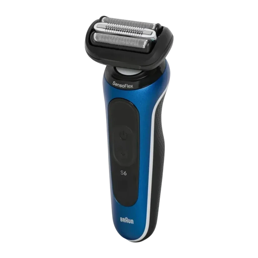 Rasoir Braun Series 6 Charge Rapide 5min Sec et Humide Bleu 62-B1200s, détail: tête SensoFlex, bouton central et logo S6