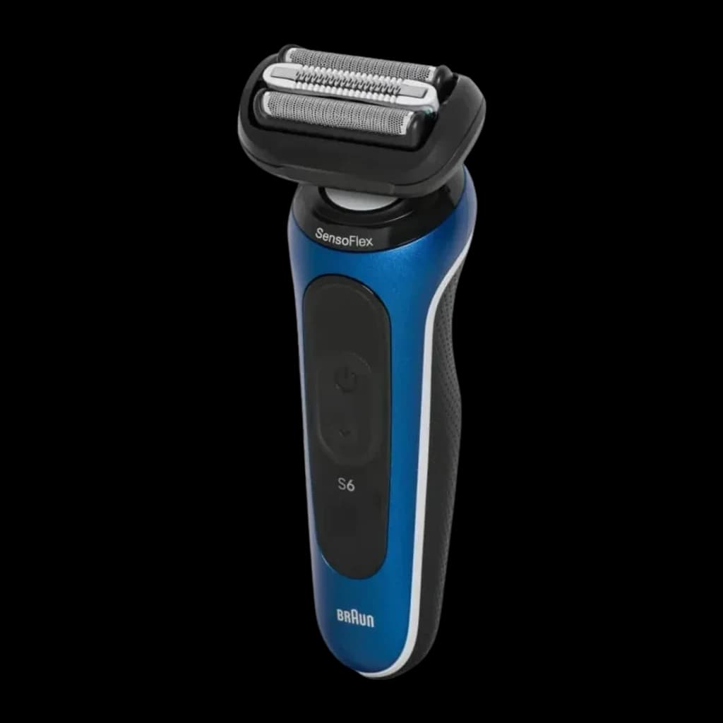 Rasoir Braun Series 6 Charge Rapide 5min Sec et Humide Bleu 62-B1200s, détail: tête SensoFlex, bouton central et logo S6