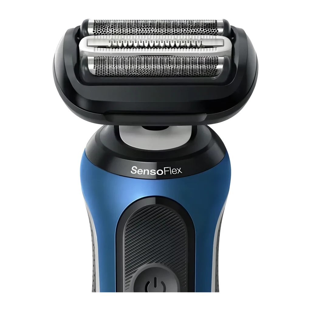Rasoir Braun Series 6 Charge Rapide 5min Sec et Humide Bleu 62-B1200s, détail: tête SensoFlex et bouton d'alimentation