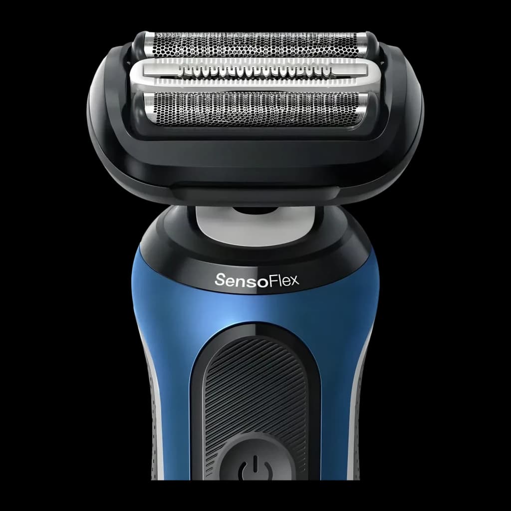 Rasoir Braun Series 6 Charge Rapide 5min Sec et Humide Bleu 62-B1200s, détail: tête SensoFlex et bouton d'alimentation