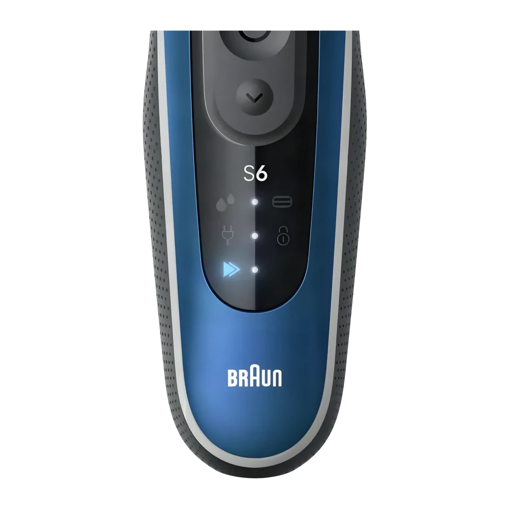 Rasoir Braun Series 6 Charge Rapide 5min Sec et Humide Bleu 62-B1200s, détail: panneau LED avec indicateurs S6, charge