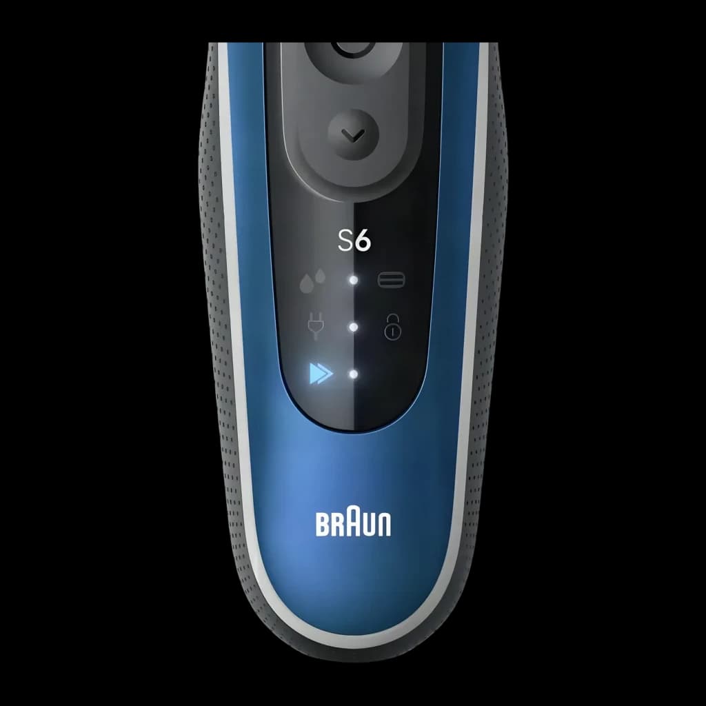 Rasoir Braun Series 6 Charge Rapide 5min Sec et Humide Bleu 62-B1200s, détail: panneau LED avec indicateurs S6, charge