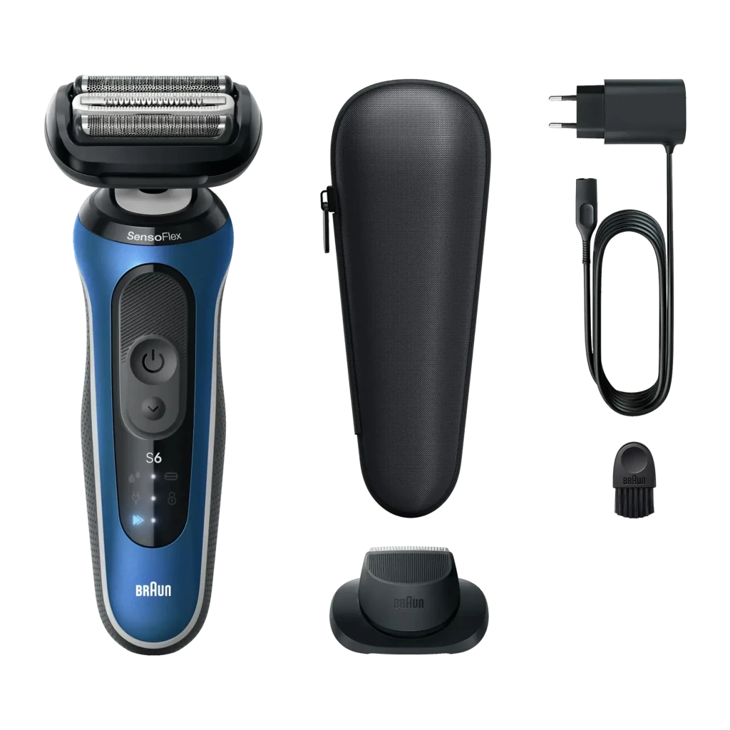Rasoir Braun Series 6 Charge Rapide 5min Sec et Humide Bleu 62-B1200s, détail: rasoir, étui, chargeur, tête tondeuse