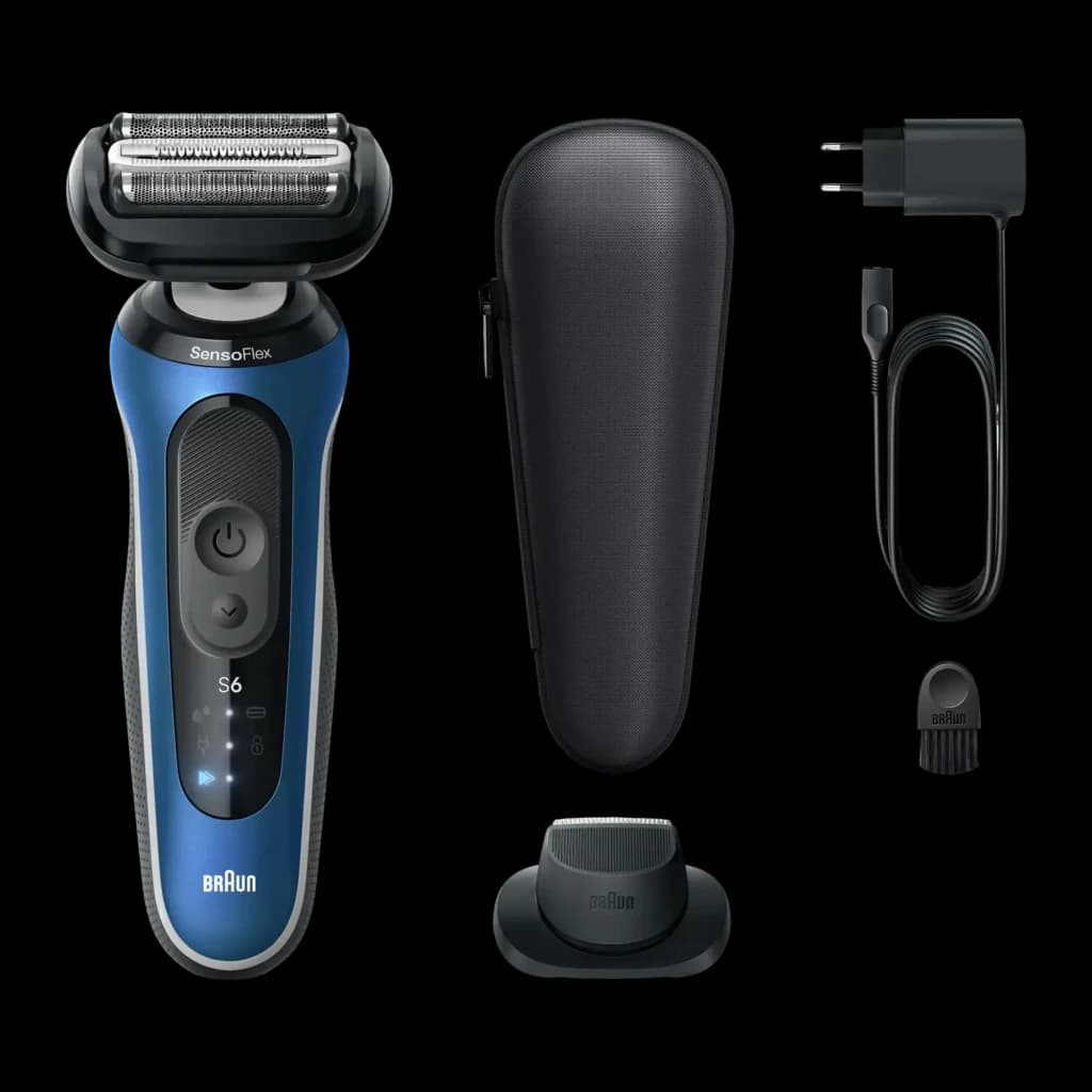 Rasoir Braun Series 6 Charge Rapide 5min Sec et Humide Bleu 62-B1200s, détail: rasoir, étui, chargeur, tête tondeuse