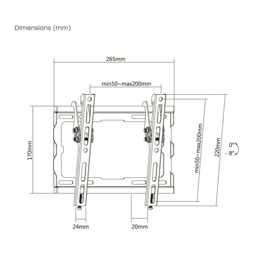 Soporte TV Ewent EW1506 Easy Tilt Negro Pared Inclinable 8° 23-42 pulgadas, diagrama de dimensiones: cotas en mm