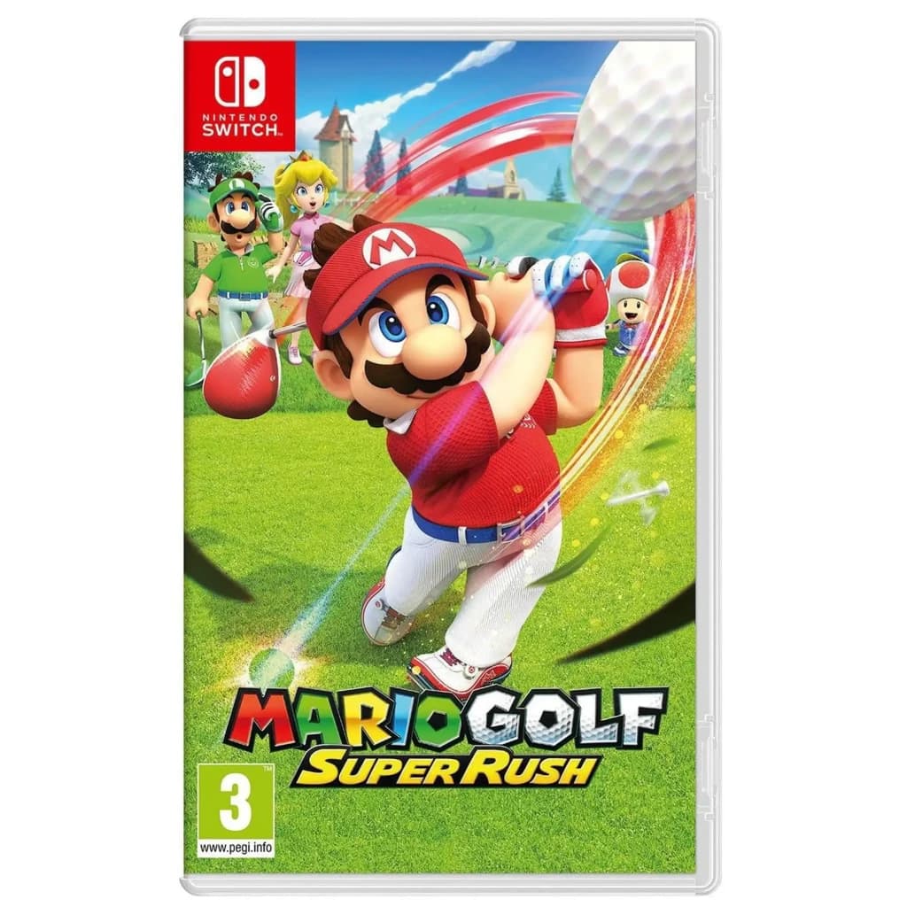 Jogo de vídeo Nintendo Mario Golf: Super Rush para Switch (Edição Padrão), vista frontal: capa com Mario a bater, Luigi