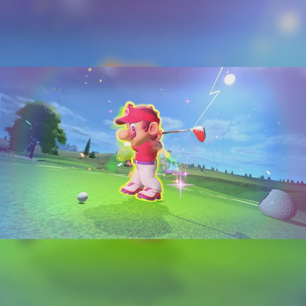 Jogo de vídeo Nintendo Mario Golf: Super Rush para Switch (Edição Padrão), em uso: Mario golpeia com aura neon em campo verde