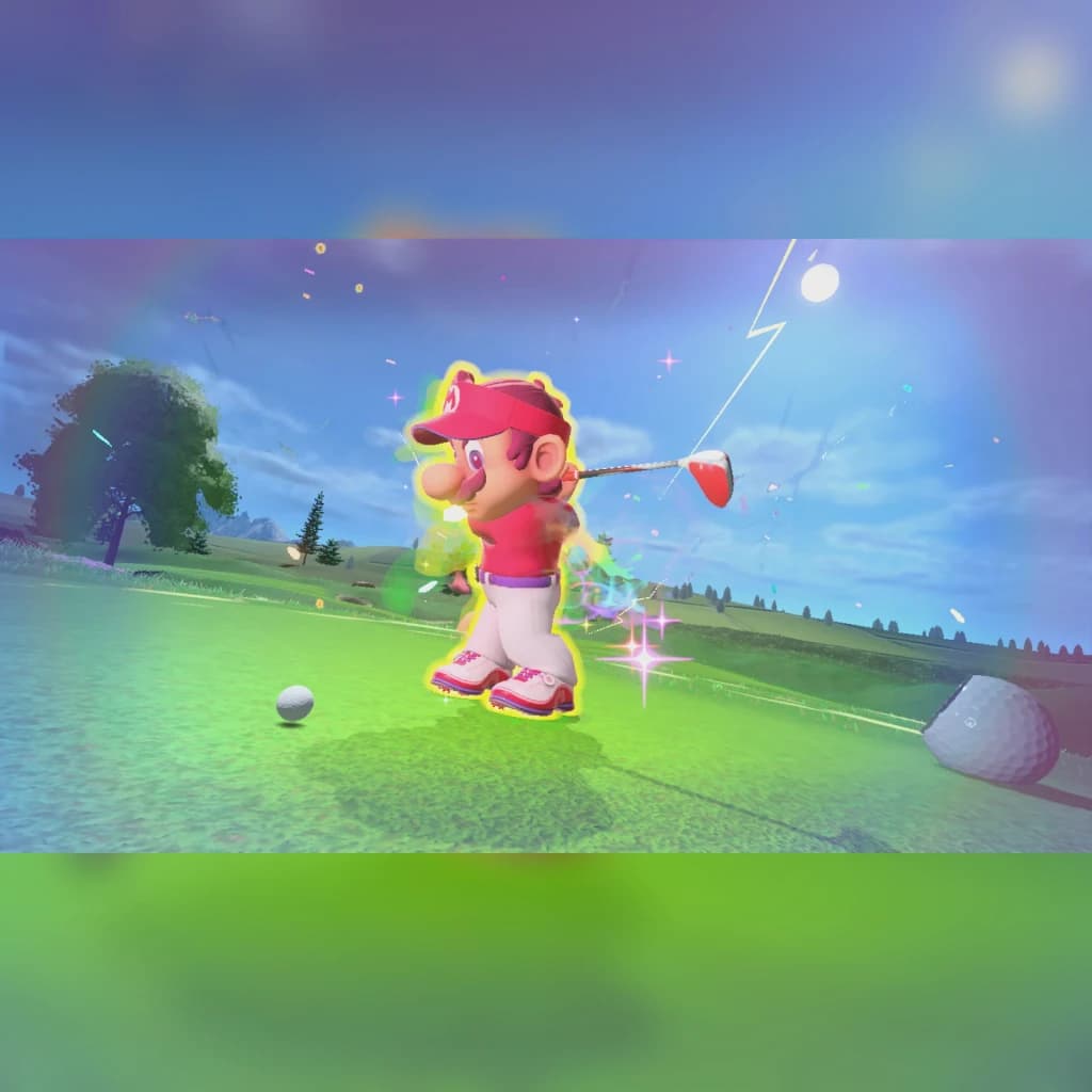 Jogo de vídeo Nintendo Mario Golf: Super Rush para Switch (Edição Padrão), em uso: Mario golpeia com aura neon em campo verde