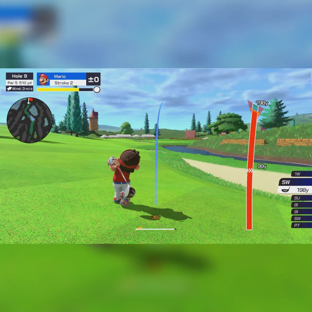 Jogo de vídeo Nintendo Mario Golf: Super Rush para Switch (Edição Padrão), em uso: Mario a bater no buraco 9, HUD