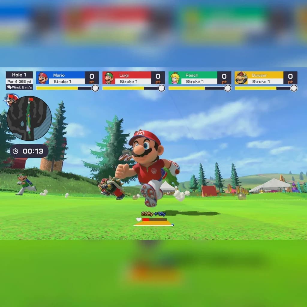 Jogo de vídeo Nintendo Mario Golf: Super Rush para Switch (Edição Padrão), em uso: Mario a correr no campo com placar de 4