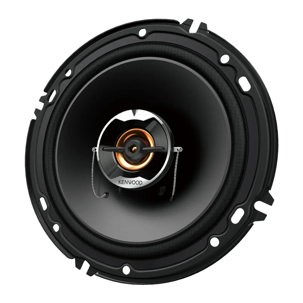 Altavoces de coche Kenwood 60W RMS Negro KFC-S1677EX, detalle: vista frontal del cono negro con tweeter central dorado