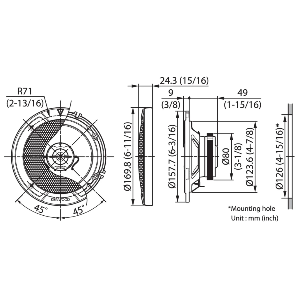 Altavoces de coche Kenwood 60W RMS Negro KFC-S1677EX, diagrama técnico: cotas frontales y laterales en mm