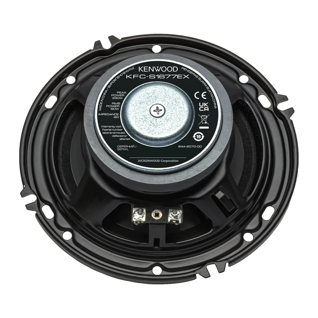 Altavoces de coche Kenwood 60W RMS Negro KFC-S1677EX, vista trasera: imán central, etiqueta con specs y terminales