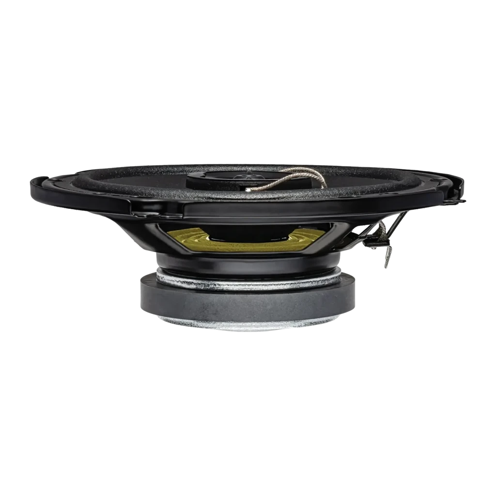 Altavoces de coche Kenwood 60W RMS Negro KFC-S1677EX, detalle lateral: bobina amarilla, imán y cesta visibles
