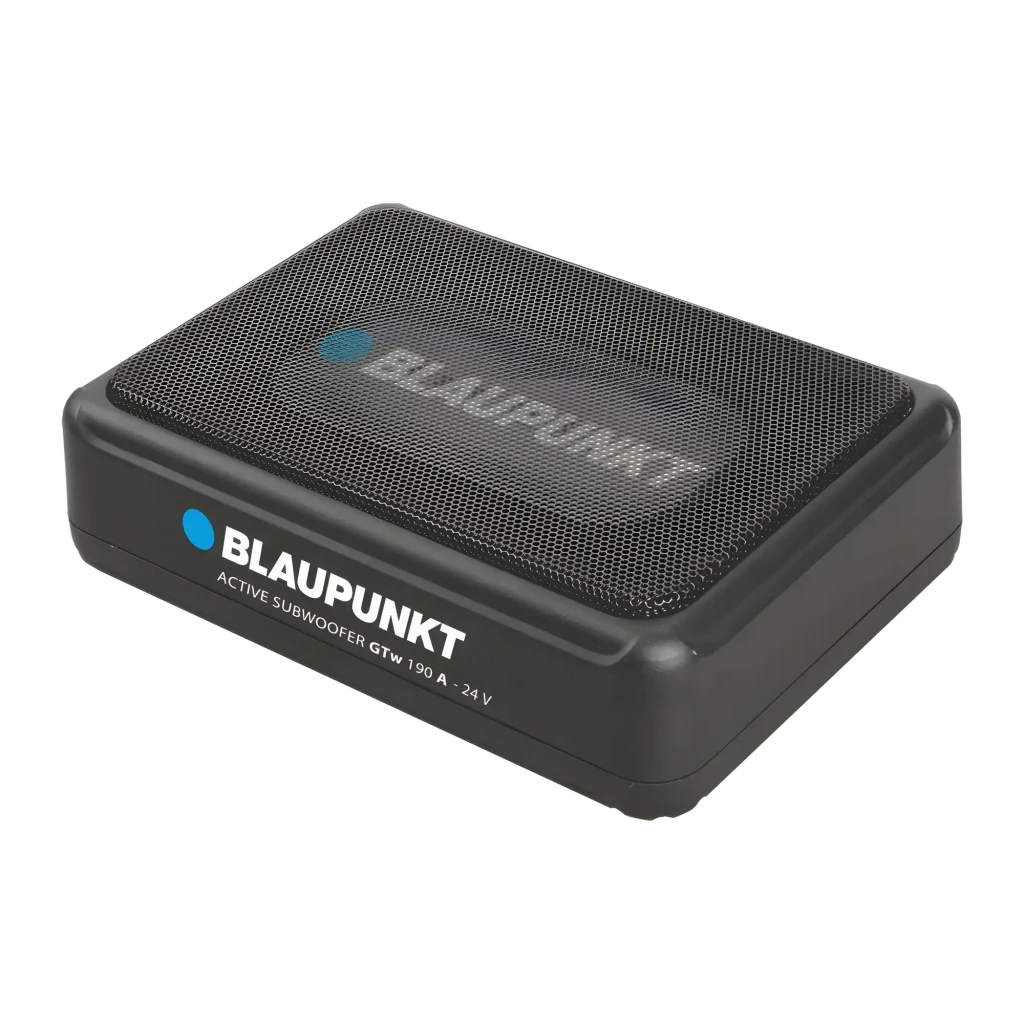 Subwoofer de voiture Blaupunkt GTw 190 A-24 actif, 80W RMS Noir, vue de face: boîtier compact noir avec grille métallique