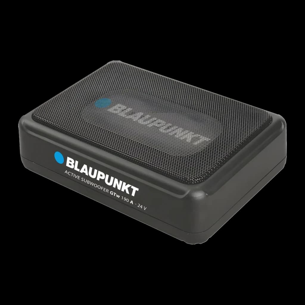 Subwoofer de voiture Blaupunkt GTw 190 A-24 actif, 80W RMS Noir, vue de face: boîtier compact noir avec grille métallique