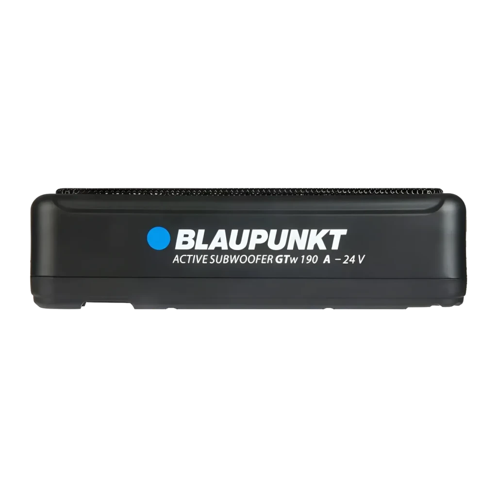 Subwoofer de voiture Blaupunkt GTw 190 A-24 actif, 80W RMS Noir, détail latéral: logo et grille supérieure visibles