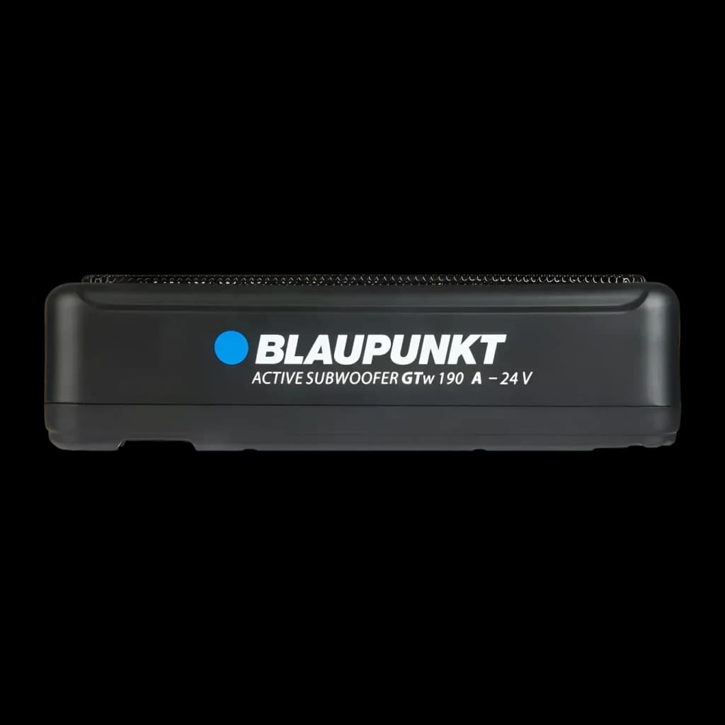 Subwoofer de voiture Blaupunkt GTw 190 A-24 actif, 80W RMS Noir, détail latéral: logo et grille supérieure visibles