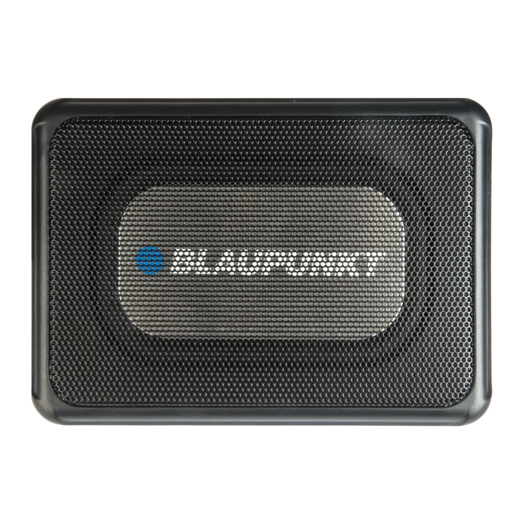 Subwoofer de voiture Blaupunkt GTw 190 A-24 actif, 80W RMS Noir, détail: grille frontale métallique avec logo Blaupunkt