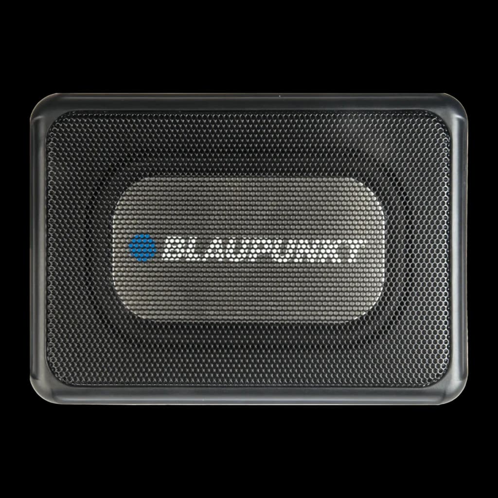 Subwoofer de voiture Blaupunkt GTw 190 A-24 actif, 80W RMS Noir, détail: grille frontale métallique avec logo Blaupunkt