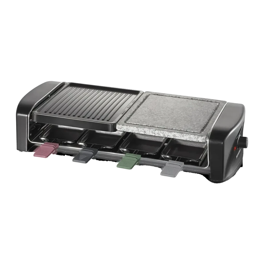 Raclette Grill Severin 1400W 8 zonas Negro RG 9645, vista frontal: plancha acanalada y piedra natural con 8 cazuelitas