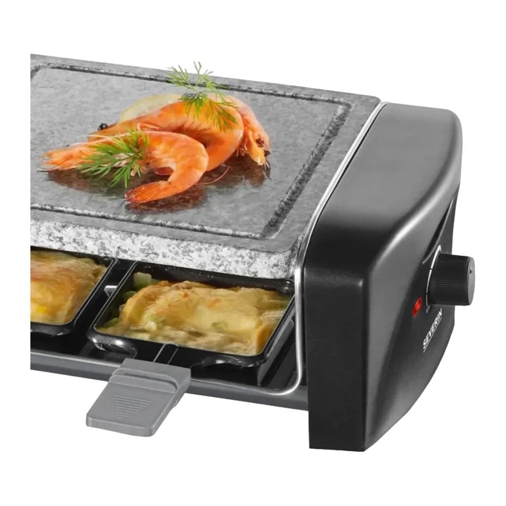 Raclette Grill Severin 1400W 8 zonas Negro RG 9645, detalle: piedra con gambas, cazuelitas con queso fundido y mando lateral
