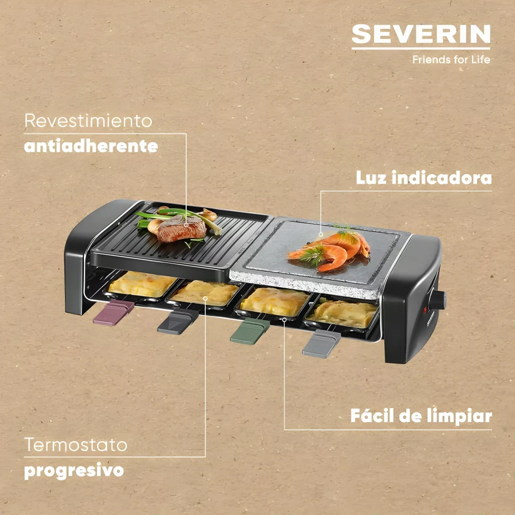Raclette Grill Severin 1400W 8 zonas Negro RG 9645, infografía: placa grill y piedra con alimentos, 8 sartenes con queso
