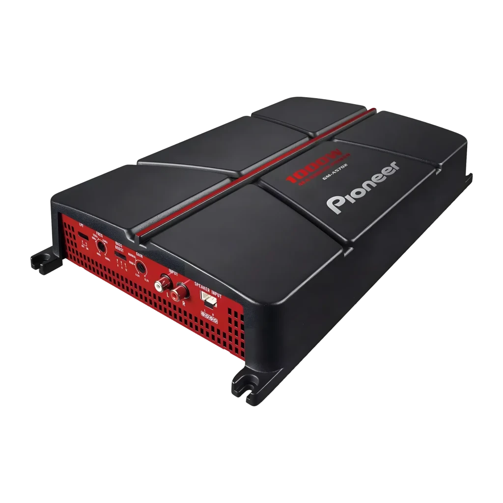 Amplificateur automobile Pioneer 2 canaux 1000W RMS GM-A5702, vue de face: boîtier noir avec panneau latéral rouge, boutons