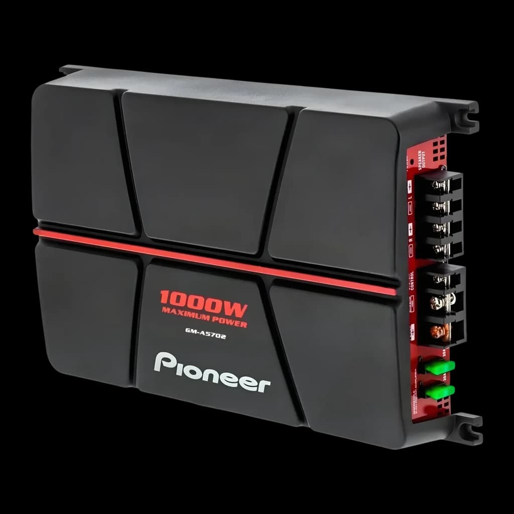 Amplificateur automobile Pioneer 2 canaux 1000W RMS GM-A5702, détail: vue latérale avec connecteurs haut-parleur, bornes