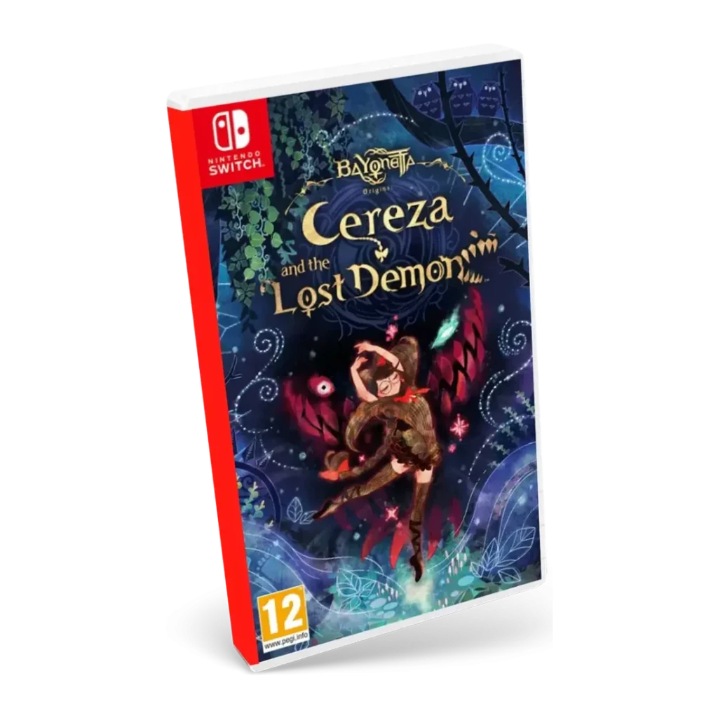Jogo de vídeo da Nintendo «Bayonetta Origins: Cereza and the Lost Demon» para Switch, detalhe: caixa física em ângulo