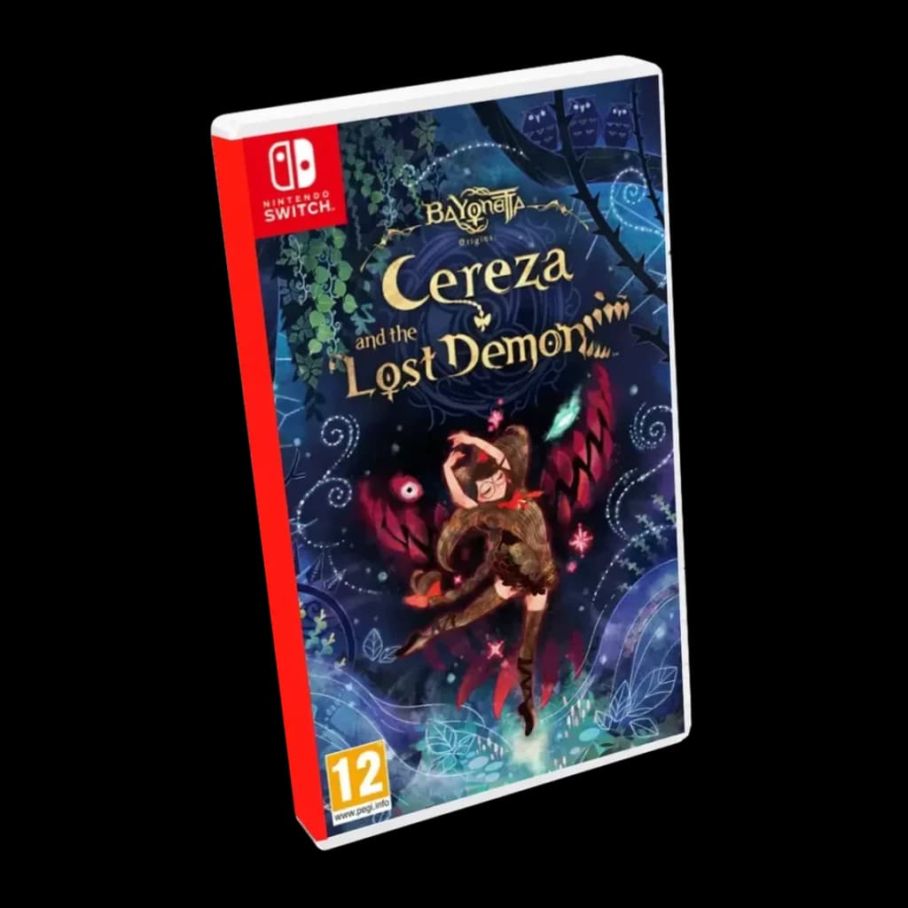 Jogo de vídeo da Nintendo «Bayonetta Origins: Cereza and the Lost Demon» para Switch, detalhe: caixa física em ângulo