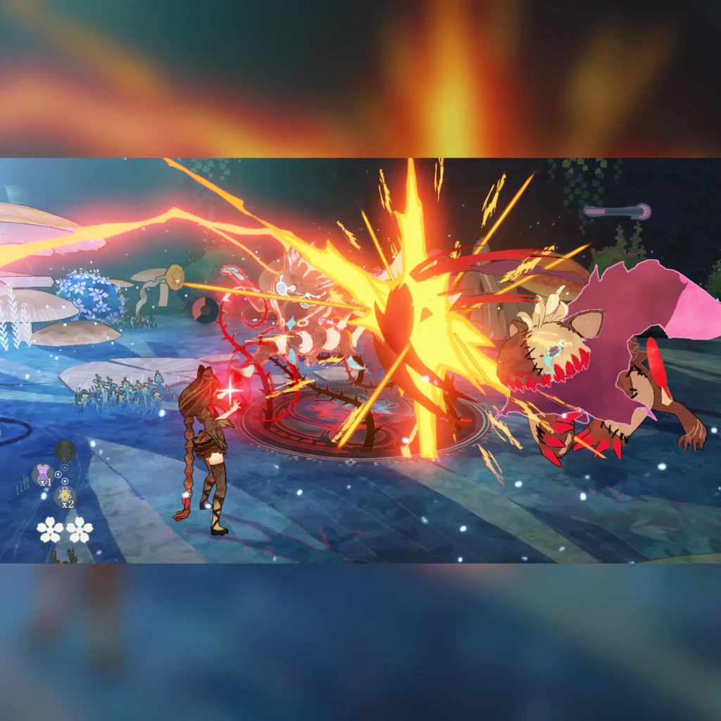 Jogo de vídeo da Nintendo «Bayonetta Origins: Cereza and the Lost Demon» para Switch, em uso: combate com explosão de fogo