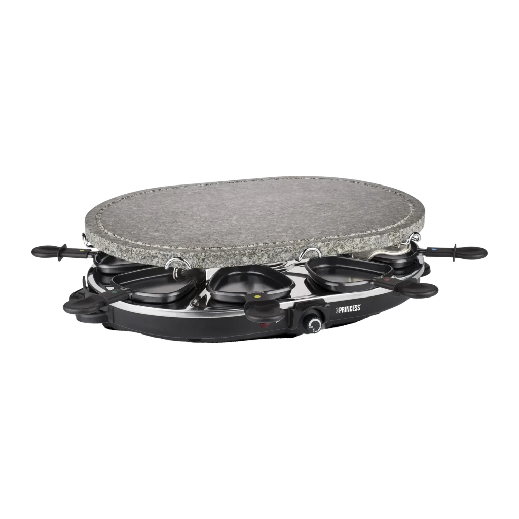 Princess Oval Stone Grill & Raclette Party 1200W 8 personas Negro 162720, vista frontal: piedra oval gris, 8 sartenes y base